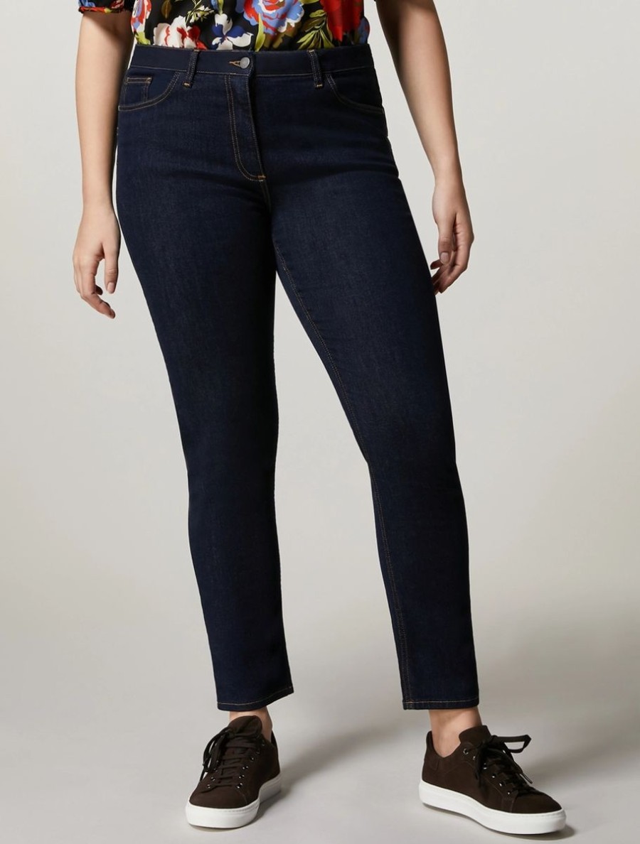 Vetements Marina Rinaldi | Pantalon En Jean De Coton Marine Fonce