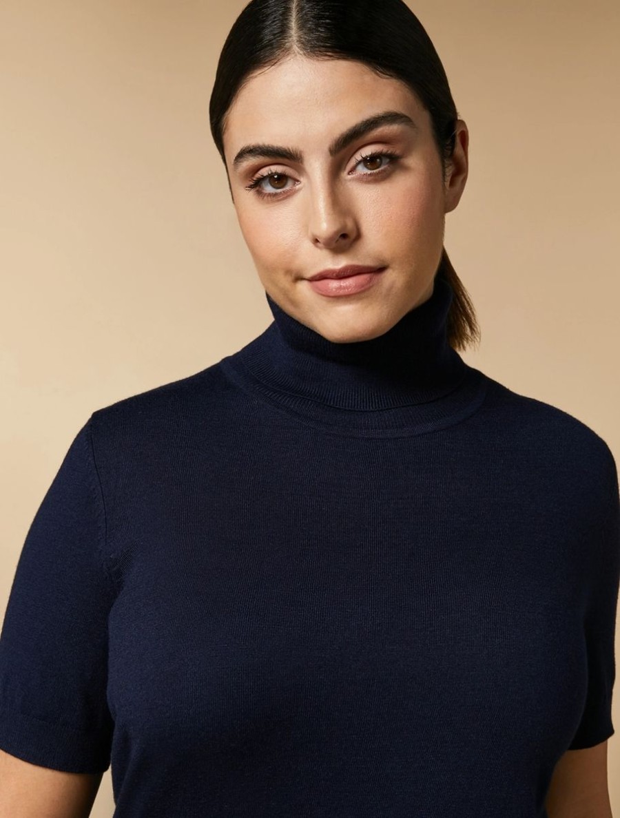 Vetements Marina Rinaldi | Pull Col Polo En Fil De Viscose Marine Fonce