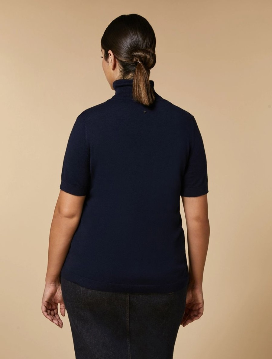 Vetements Marina Rinaldi | Pull Col Polo En Fil De Viscose Marine Fonce