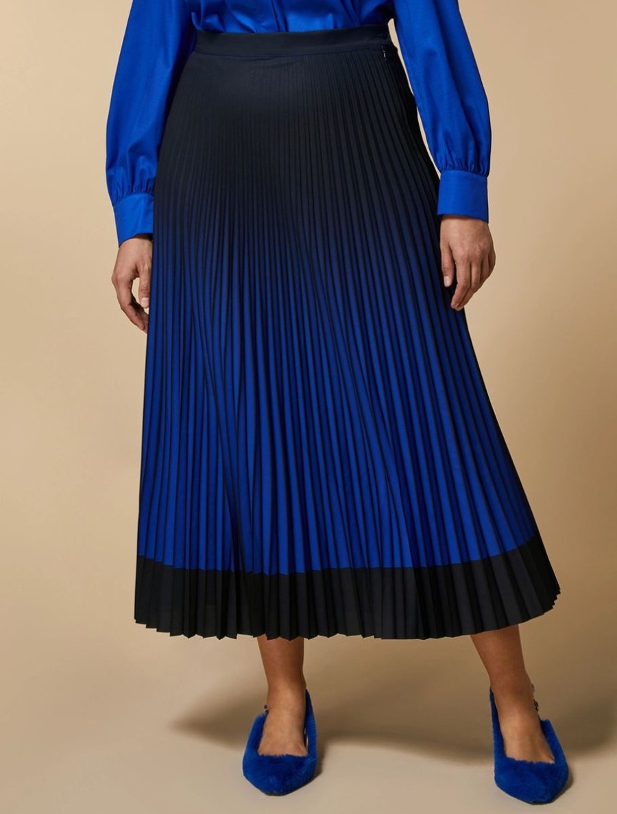 Vetements Marina Rinaldi | Jupe Longue Plissee En Crepe De Chine Bleu De Chine