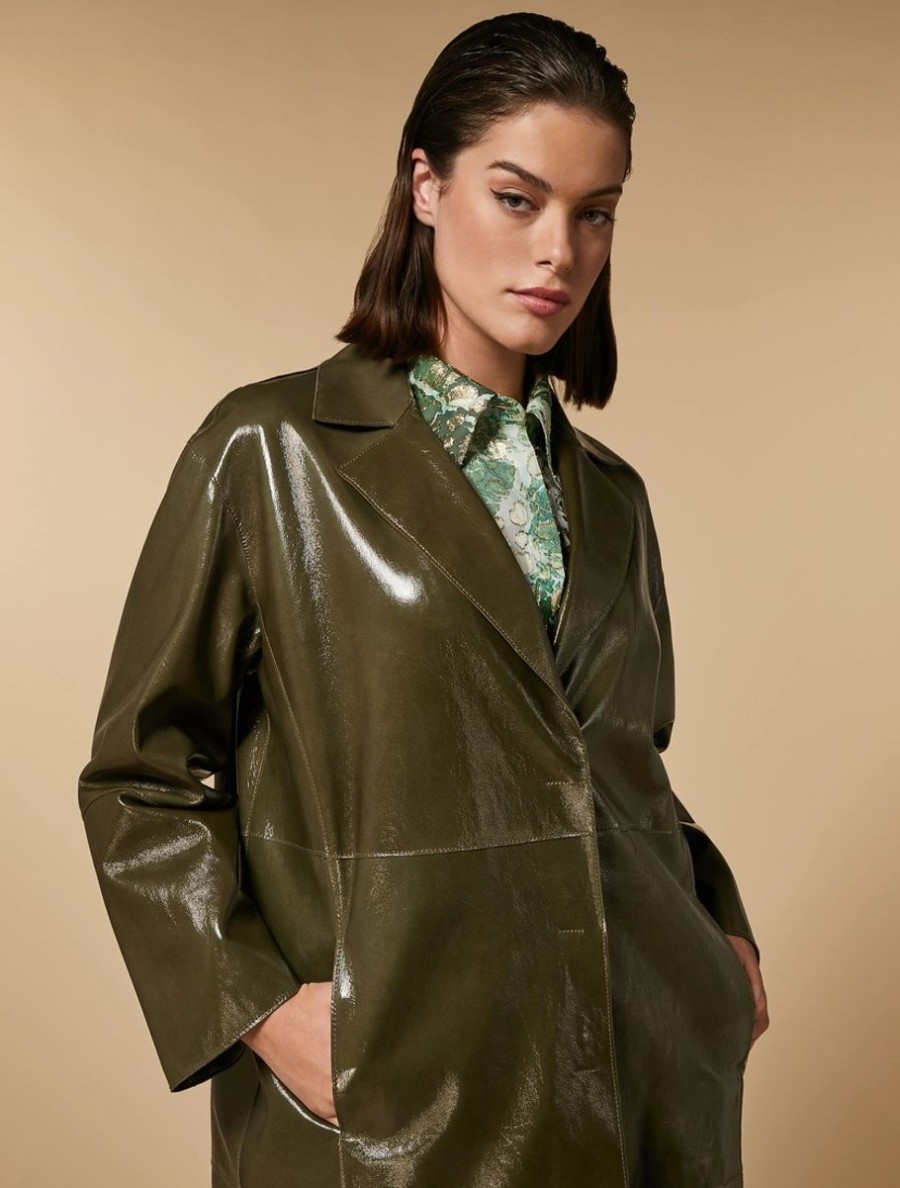 Vetements Marina Rinaldi | Manteau En Cuir Verni Olive Verte