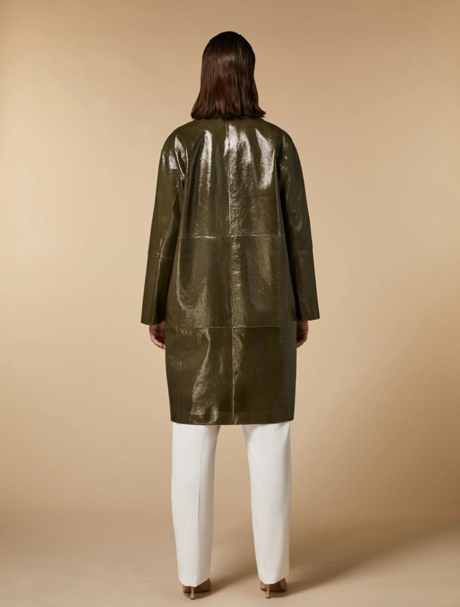 Vetements Marina Rinaldi | Manteau En Cuir Verni Olive Verte