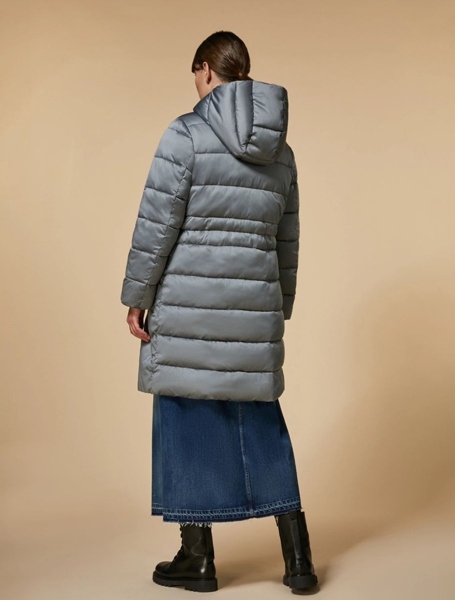 Vetements Marina Rinaldi | Doudoune Longue En Satin Deperlant Gris Moyen