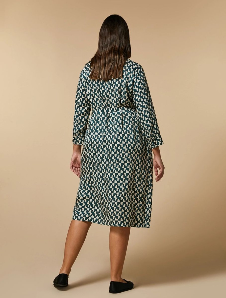 Vetements Marina Rinaldi | Robe Chemise En Serge Imprime Vert Fonce