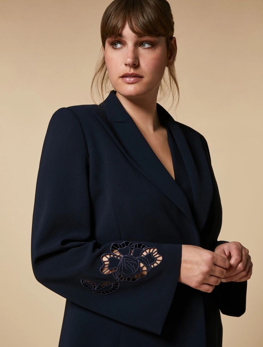 Vetements De Ceremonie Marina Rinaldi | Veste Blazer En Triacetate Brode Bleu Nuit