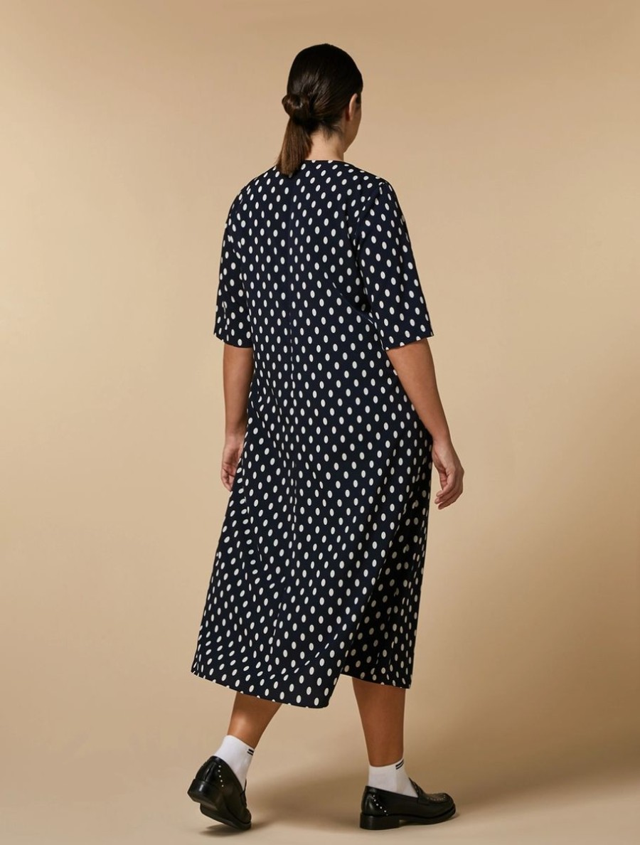 Vetements Marina Rinaldi | Robe En Crepe De Chine Imprimee Marine Fonce