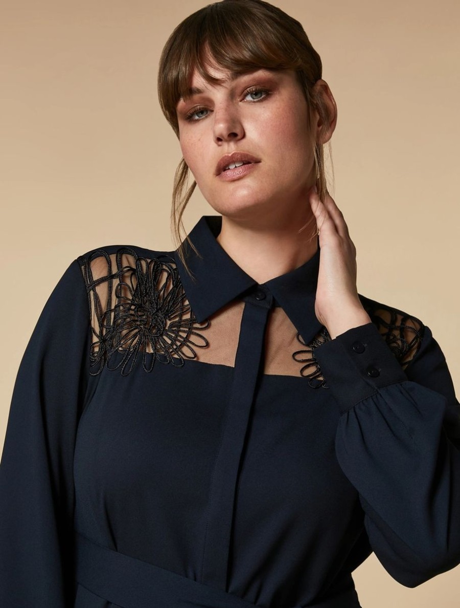 Vetements De Ceremonie Marina Rinaldi | Robe Chemise En Crepe Brodee Bleu Nuit