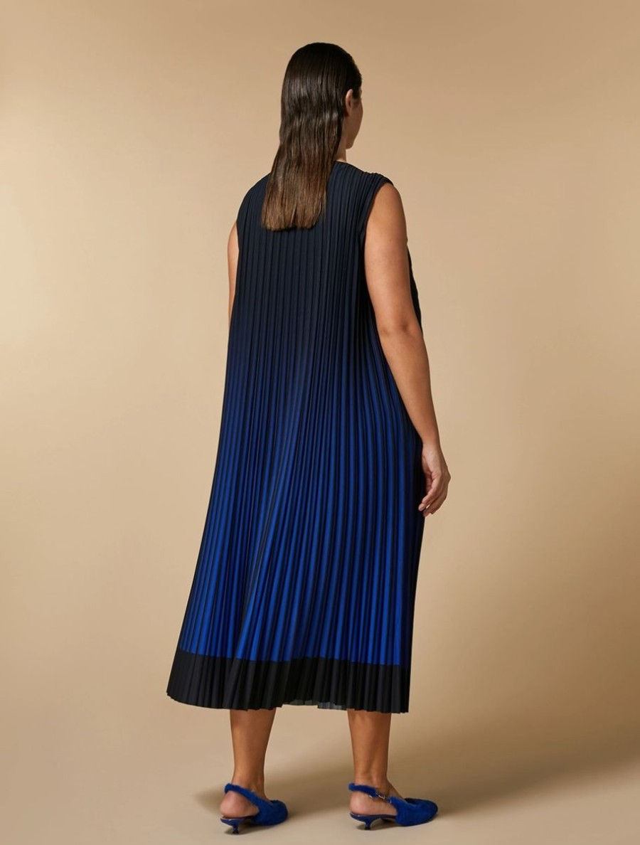 Vetements Marina Rinaldi | Robe Plissee En Crepe De Chine Bleu De Chine