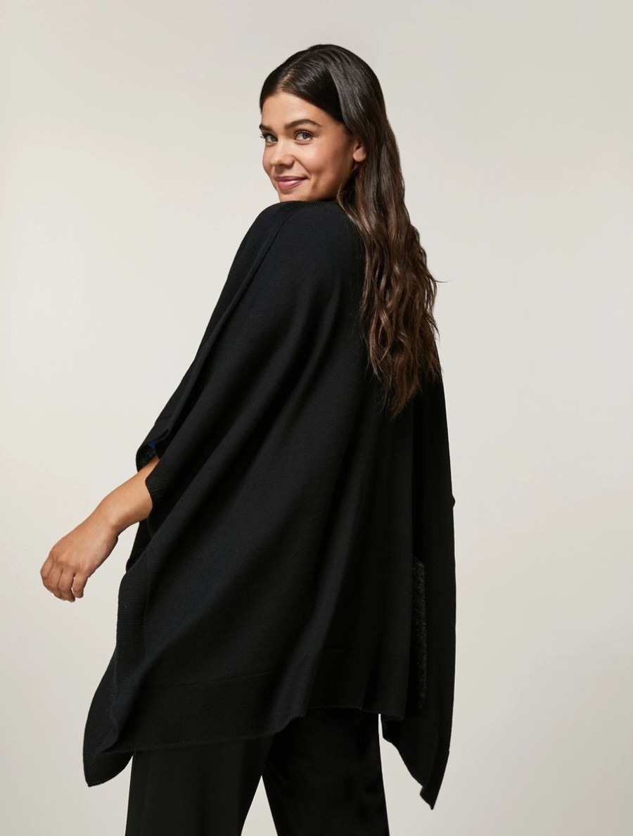 Vetements Marina Rinaldi | Poncho En Laine Merinos Melangee Noir