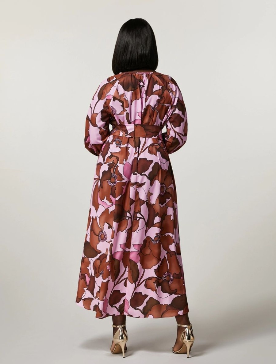 Vetements Marina Rinaldi | Robe En Crepe De Chine Imprimee Fuchsia