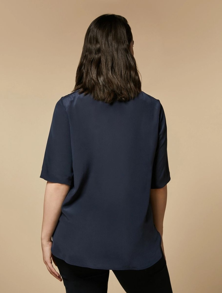 Vetements Marina Rinaldi | Blouse En Crepe De Chine De Soie Marine Fonce