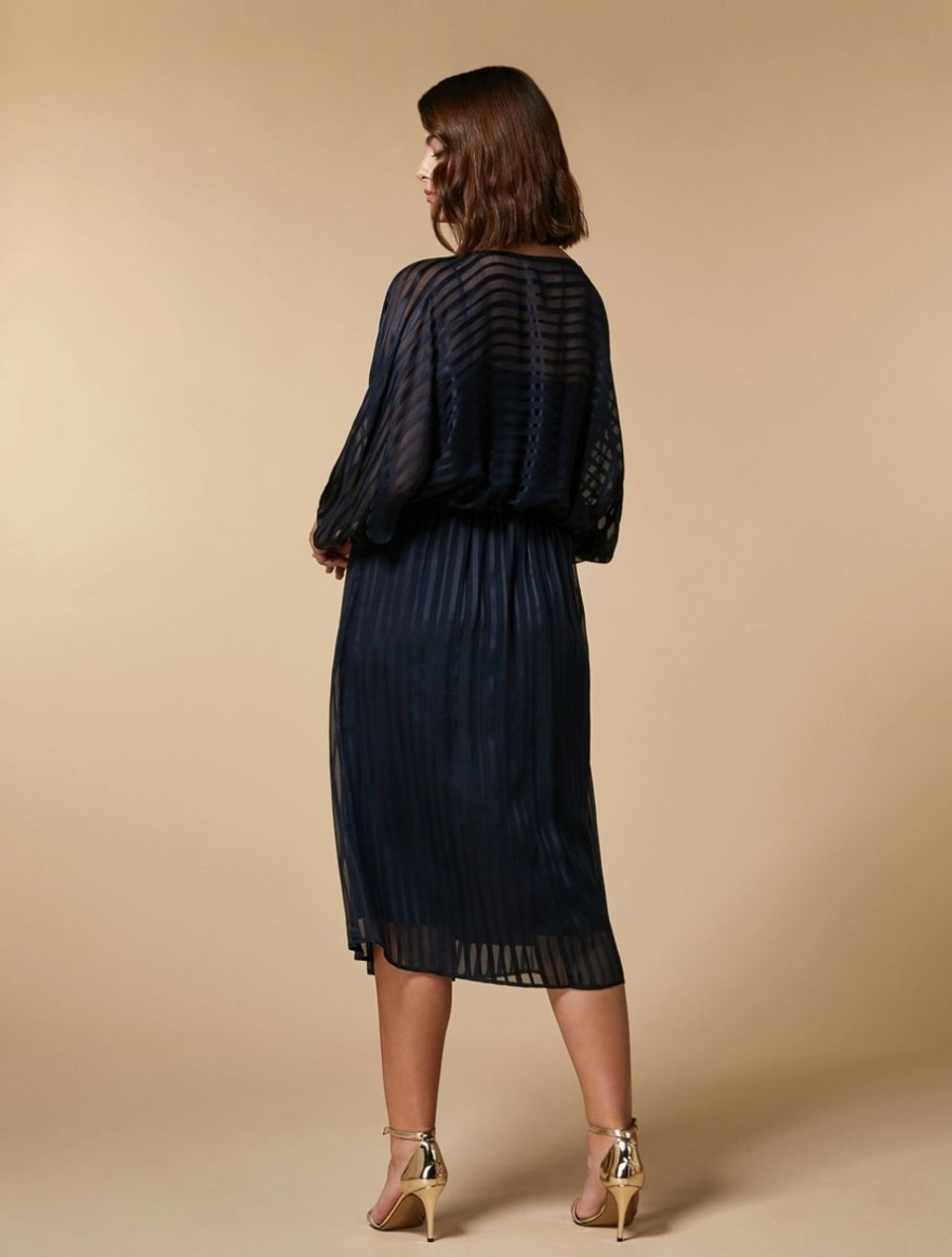 Vetements Marina Rinaldi | Robe En Crepon De Pekin En Soie Marine Fonce