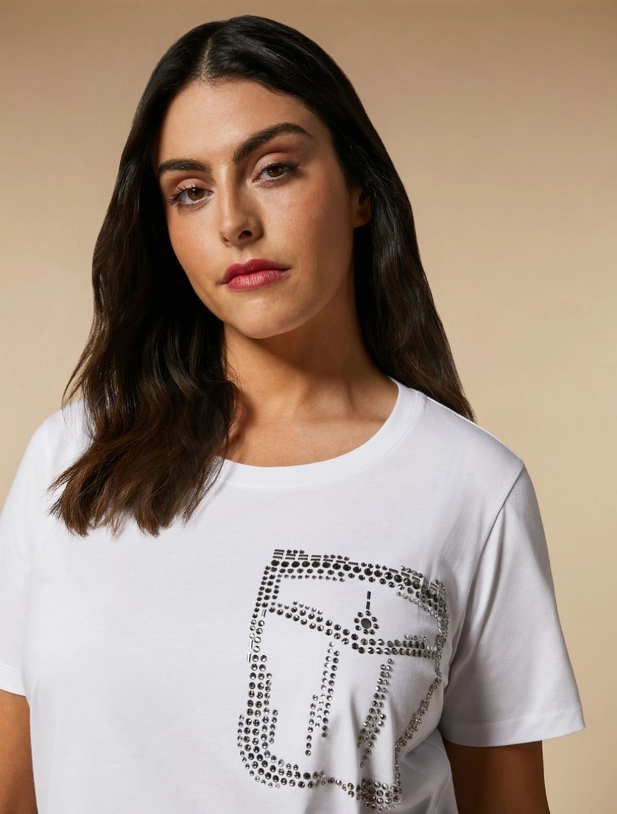 Vetements Marina Rinaldi | T-Shirt En Jersey Orne De Strass Blanc Optique