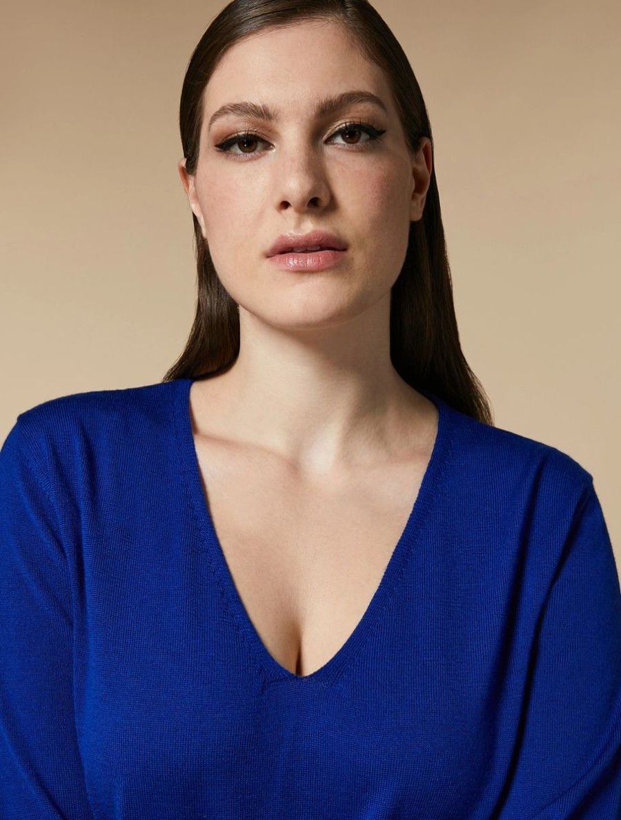 Vetements Marina Rinaldi | Pull En Laine Bleu De Chine