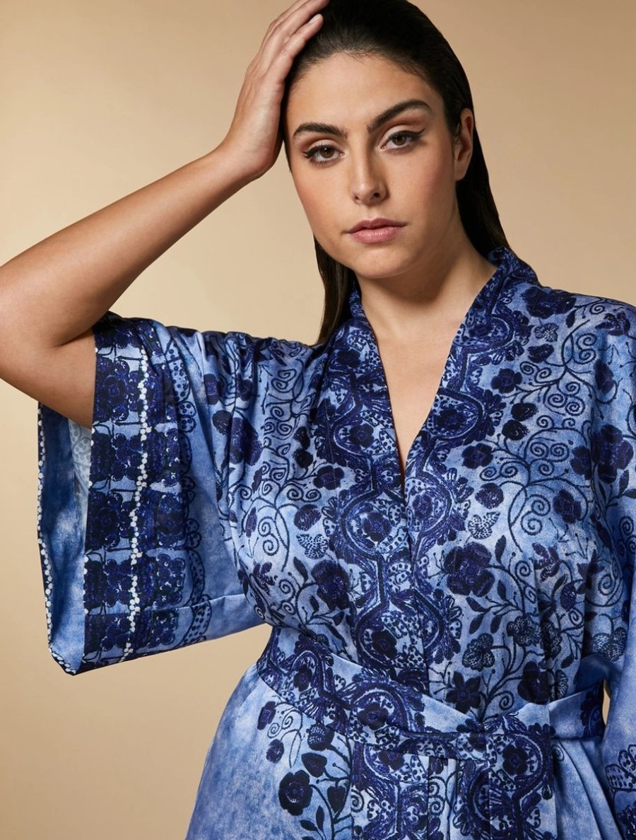 Vetements Marina Rinaldi | Tunique Style Kimono En Serge Imprime Bleu De Chine