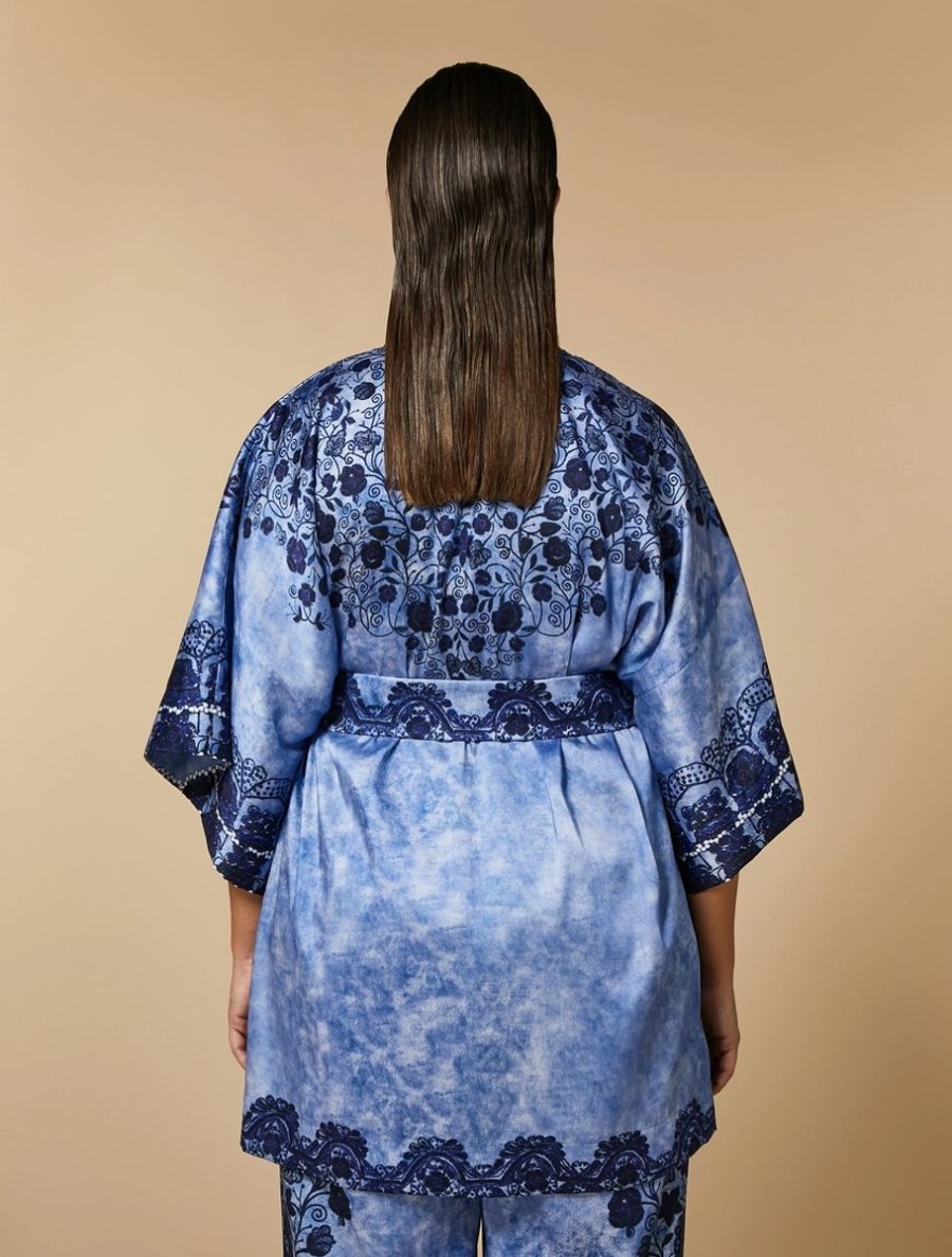 Vetements Marina Rinaldi | Tunique Style Kimono En Serge Imprime Bleu De Chine