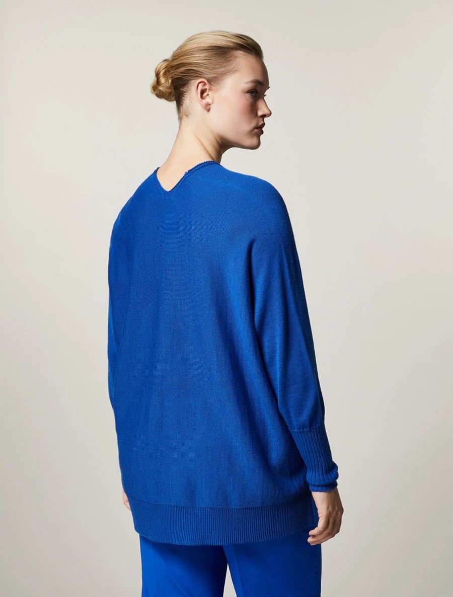 Vetements Marina Rinaldi | Pull En Laine Merinos Melangee Bleu De Chine