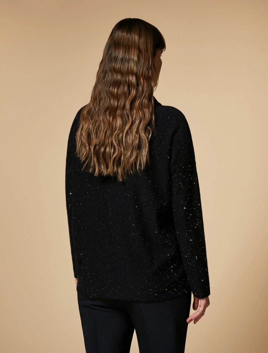 Vetements Marina Rinaldi | Pull Et Cache-Cou A Sequins Marine Fonce