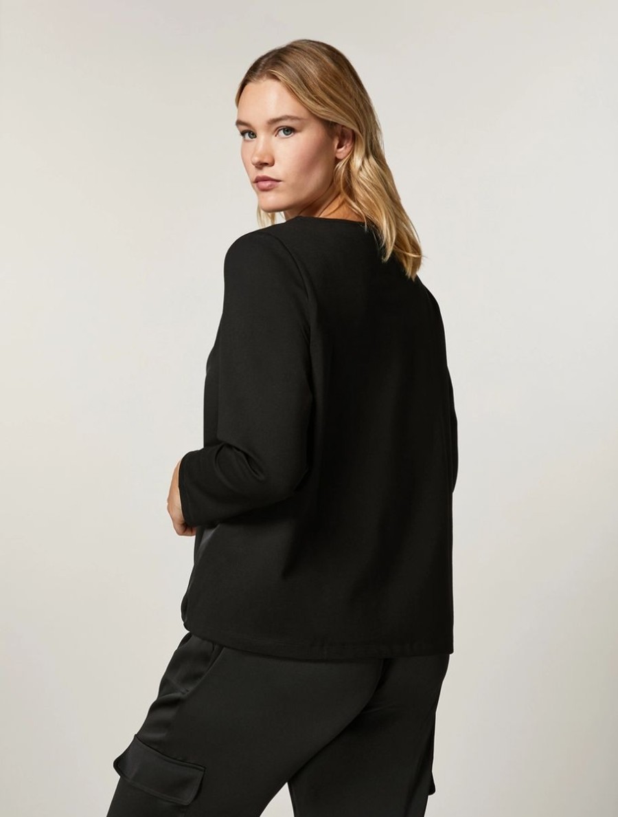 Vetements Marina Rinaldi | Sweat-Shirt En Maille Milano Et Satin Noir