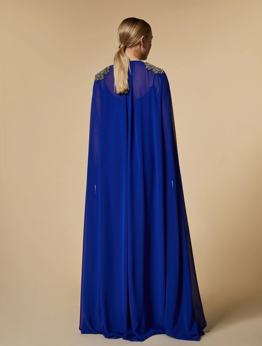 Vetements Marina Rinaldi | Robe Longue En Georgette Ornee De Strass Bleu De Chine