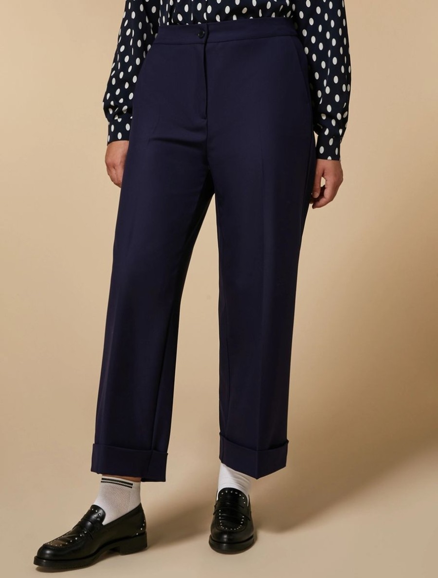 Vetements Marina Rinaldi | Pantalon Large En Viscose Melangee Marine Fonce